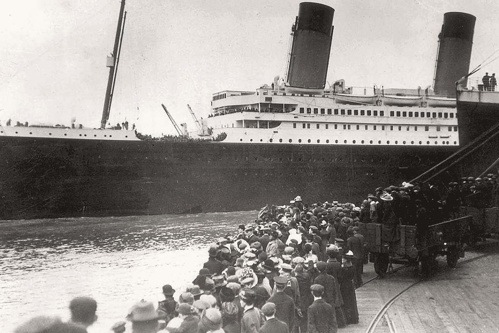 Image of the RMS Titanic departing on its maiden voyage on April 10, 1912, just five days before its tragic sinking on April 15 for a blog post covering 25 interesting facts about the Titanic sinking.