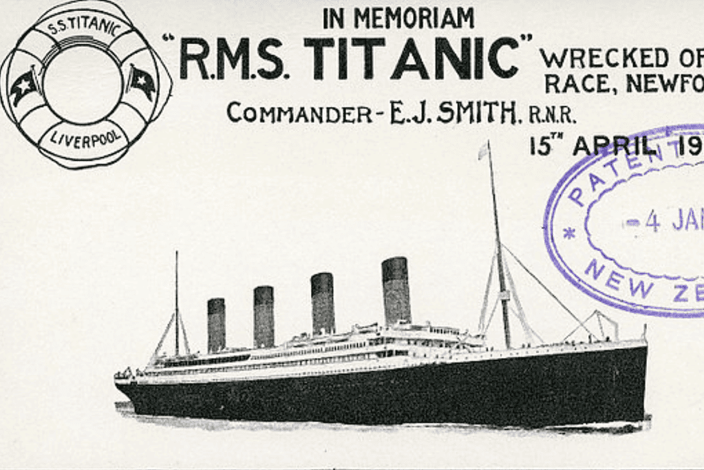 Image of the front side of an Australian made post card memorializing those lost in the sinking of the Titanic.