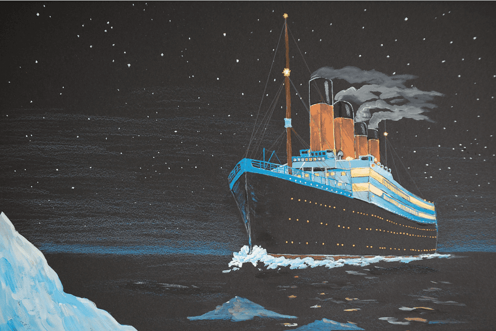 Image of an artist's rendering of the RMS Titanic dangerously close to an iceberg on the tragic night of April 14, 1912, just hours before the ship's sinking.