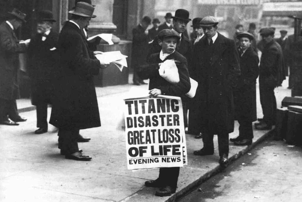 Image of a boy selling newspapers featuring the initial reporting of the Titanic disaster, capturing the urgency and significance of the breaking news.