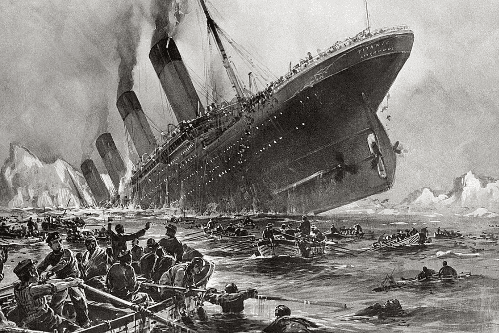 Image of an artist's depiction of the sinking RMS Titanic, surrounded by lifeboats and individuals in the water, illustrating the tragic events of that fateful night in 1912 for a blog post covering interesting facts about the titanic sinking.