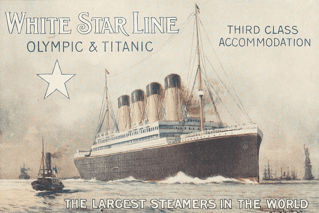 Image of an old advertisement promoting third-class accommodations on the Titanic or her sister ship, the Olympic, offering affordable travel options for passengers.