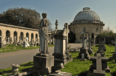Image of the chapel at Brompton Cemetery in London for a blog post covering a brief history of the magnificent seven cemeteries in London.
