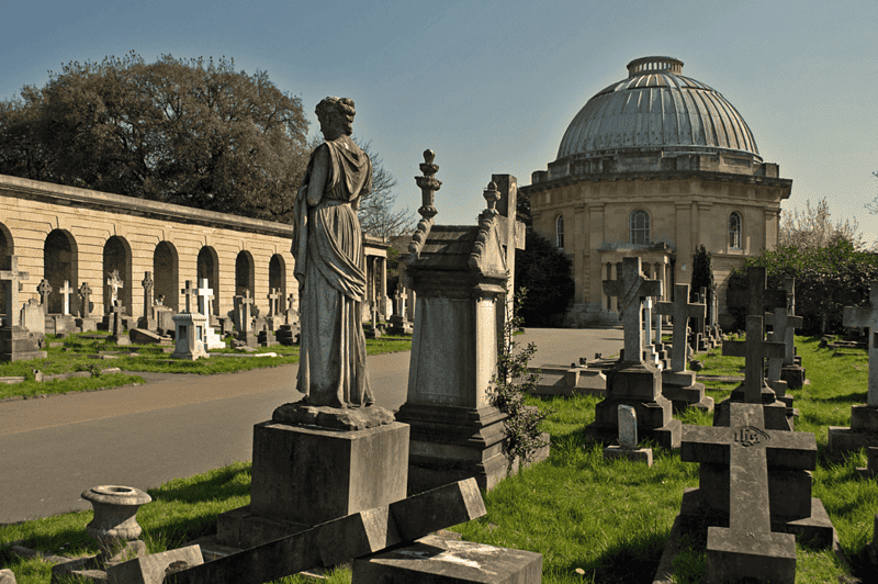 Image of the chapel at Brompton Cemetery in London for a blog post covering a brief history of the magnificent seven cemeteries in London.