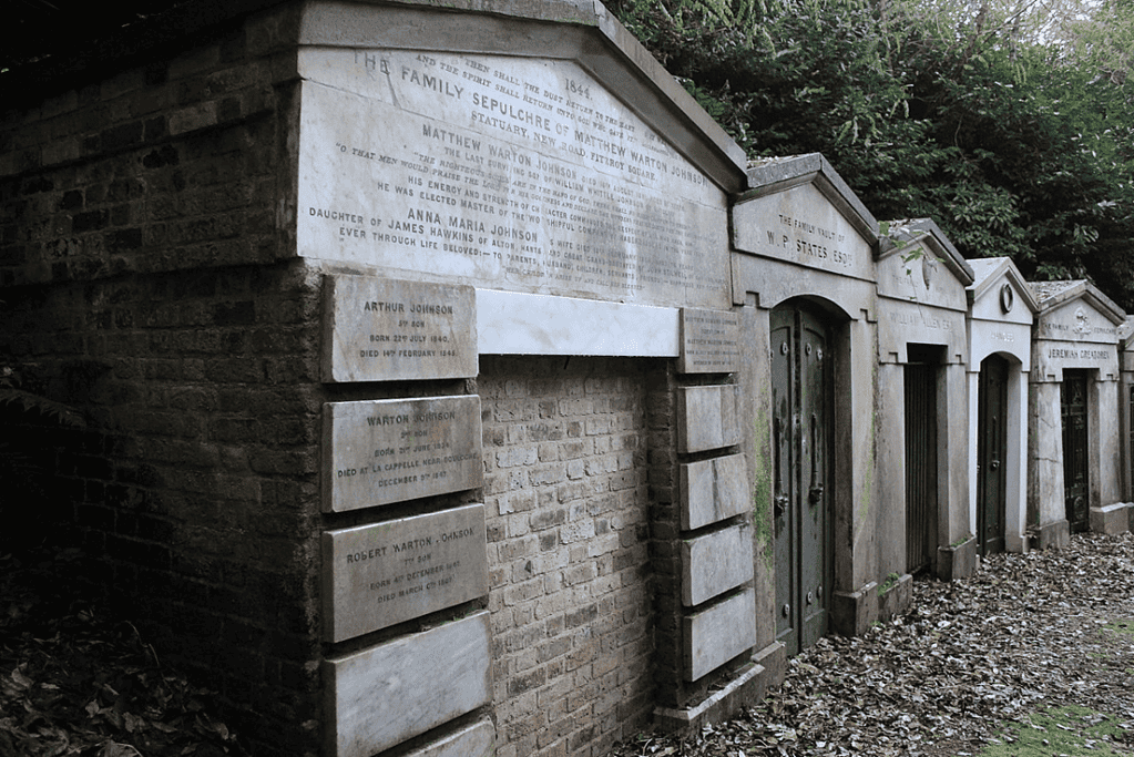 Image of Victorian-era mausoleums at Highgate Cemetery in London.
