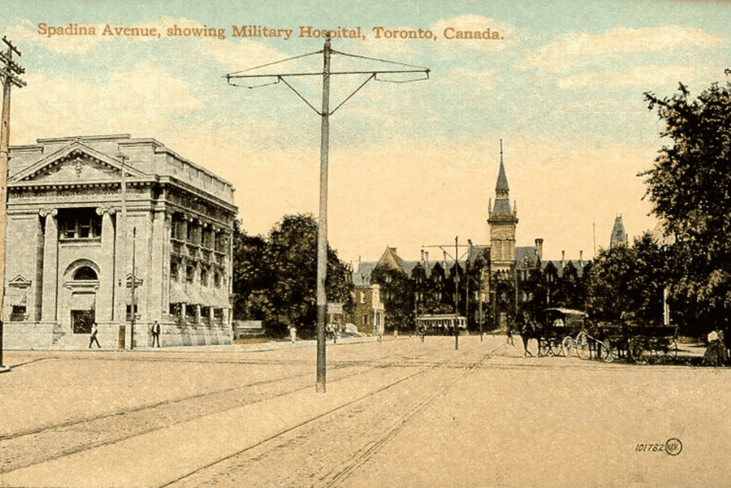 Image of a period postcard showing the military hospital in Toronto, Canada,  where Amelia Earhart volunteered to serve as a nurse during World War I.