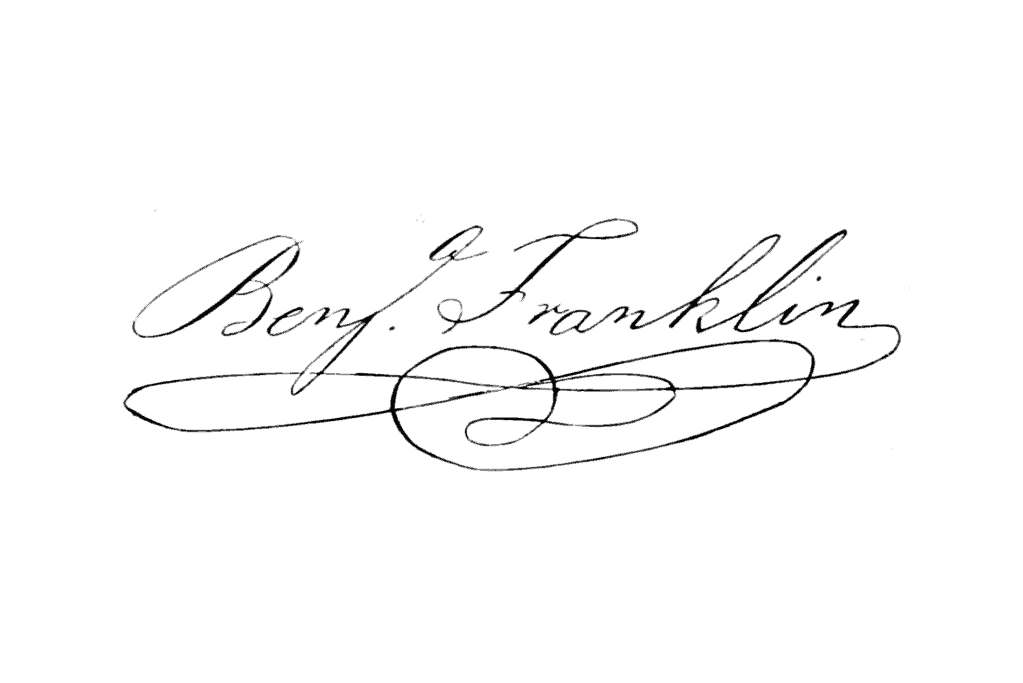 Image of Benjamin Franklin's signature for a blog post covering 10 fascinating facts about Benjamin Franklin.