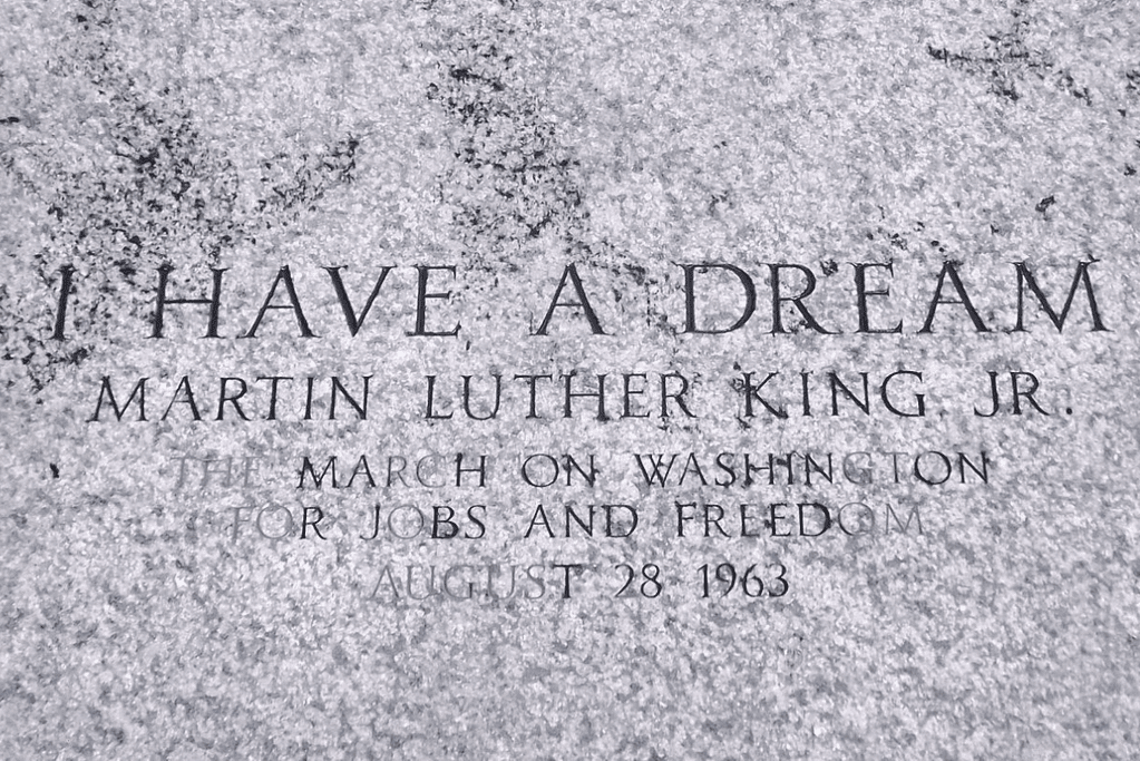Image of an etching in the granite at the Lincoln Memorial marks the spot where MLK delivered his remarks.