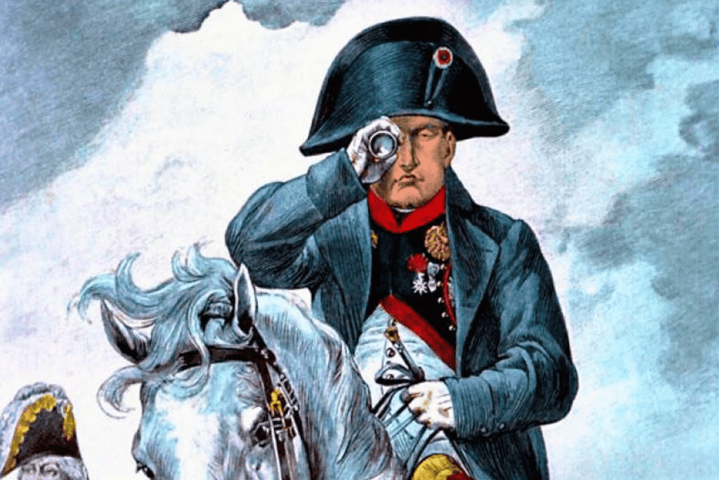 Image of a mid-19th Century artist's rendition of Napoleon on horseback with his trademark bicorn hat