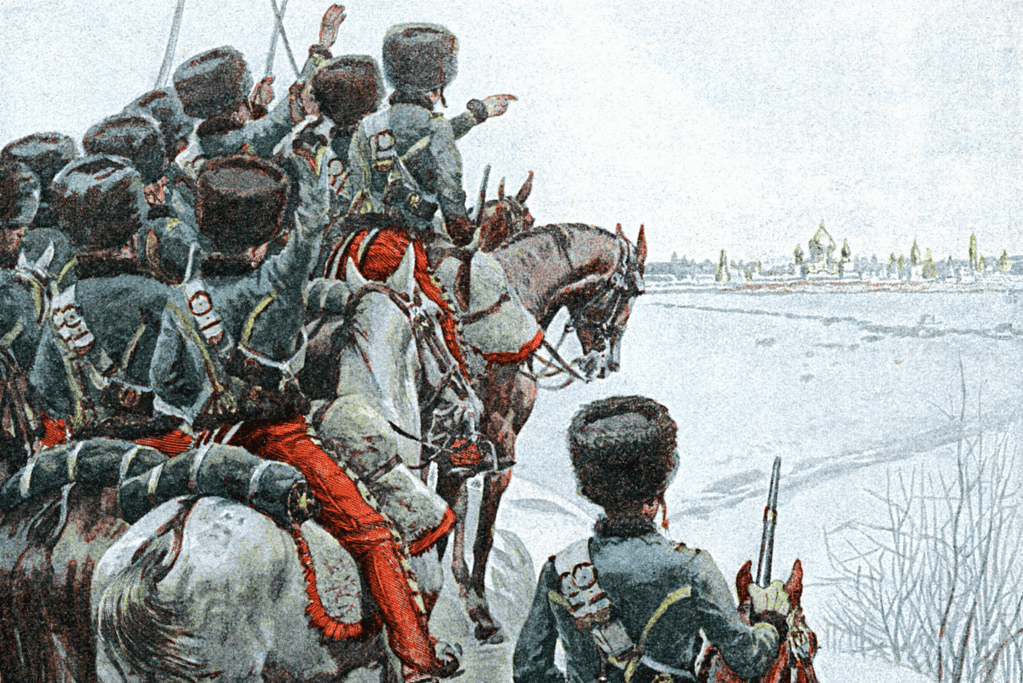 Image of an artist's rendition of French troops during Napoleon's 1812 Russian campaign.