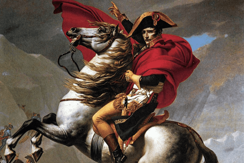 Image of an iconic painting of Napoleon on horseback. 