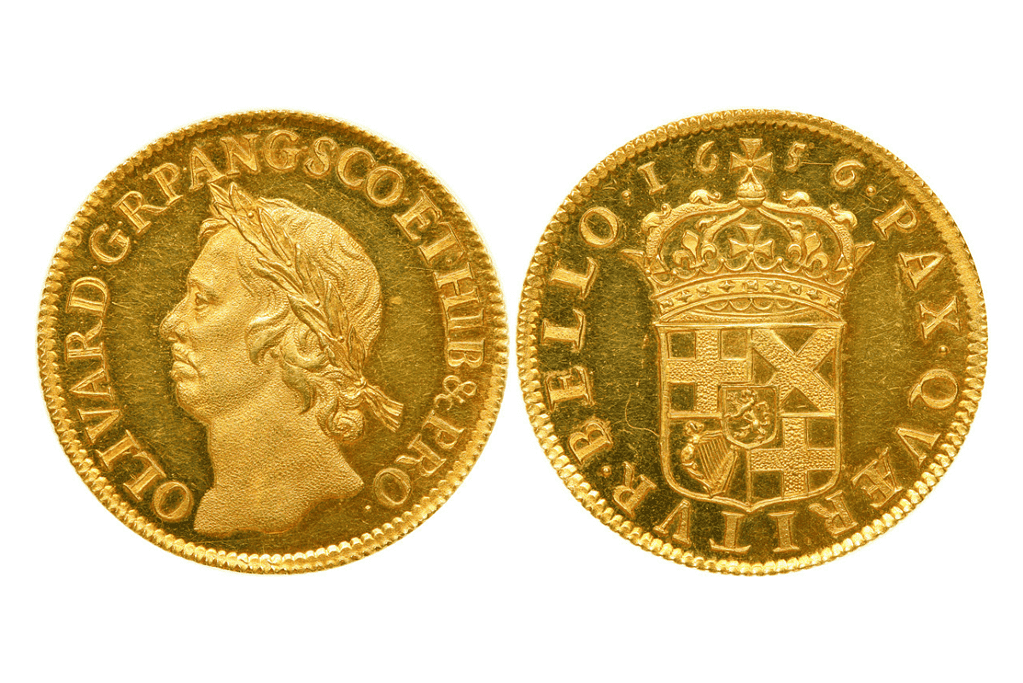 Image of a 1656 gold coin featuring the image of Oliver Cromwell.