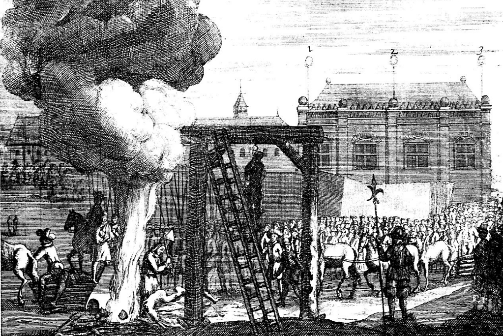 Image of an artist's rendition of Oliver Cromwell's posthumous execution.