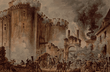 Image of a painting of the storming and fall of the Bastille in 1789 for an article covering 10 facts about the fall of the Bastille during the French Revolution.