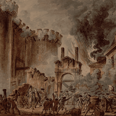 Image of a painting of the storming and fall of the Bastille in 1789 for an article covering 10 facts about the fall of the Bastille during the French Revolution.