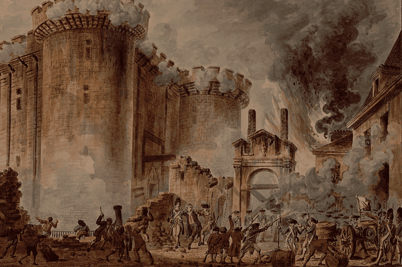 Image of a painting of the storming and fall of the Bastille in 1789 for an article covering 10 facts about the fall of the Bastille during the French Revolution.