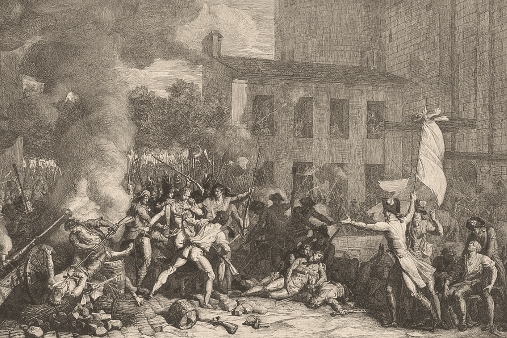 Image of an artist's rendition of the storming and fall of the Bastille in 1789 for an article covering 10 facts about the fall of the Bastille during the French Revolution.