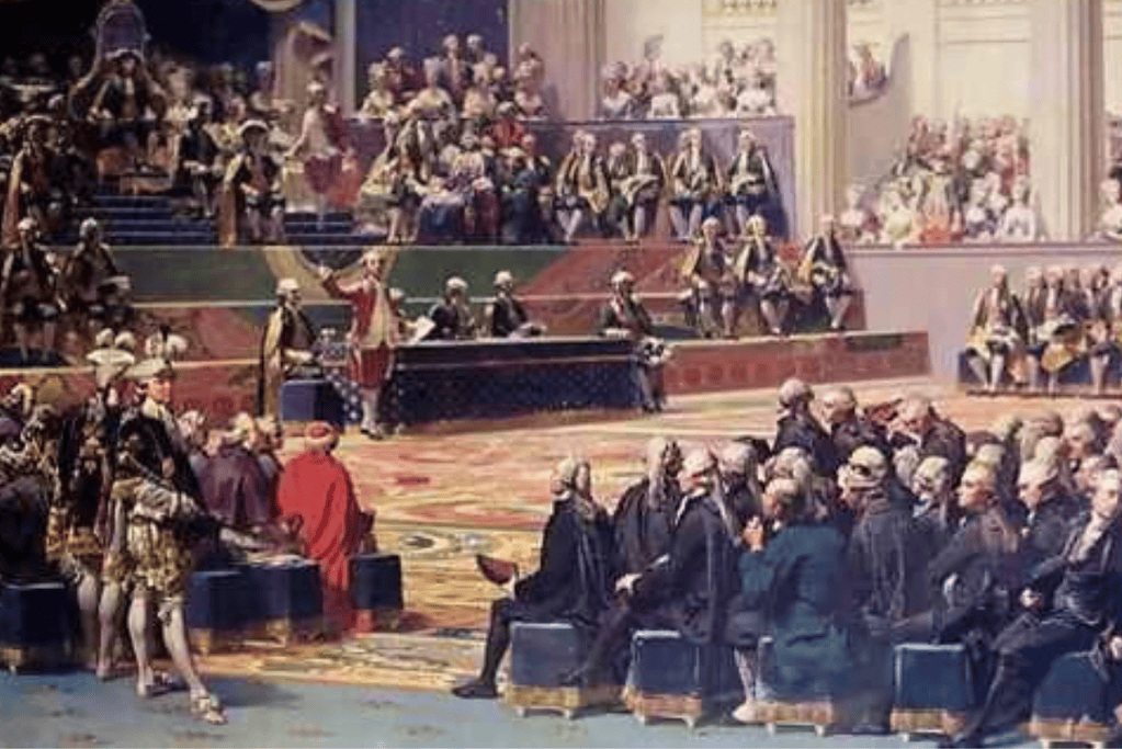 fall-of-the-bastille-faqs Image of a 1789 meeting of the Estates General (fr. États généraux) at Versailles for a blog post covering the facts surrounding the fall of the Bastille.