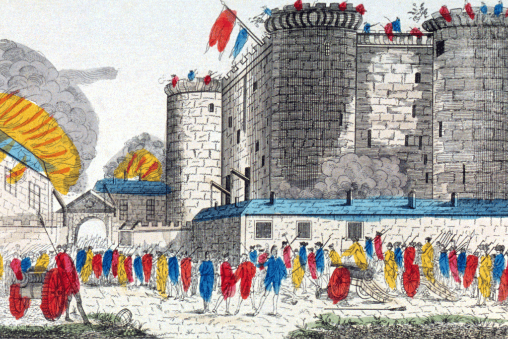 fall-of-the-bastille-final-prisoners Image of the Bastille in the initial stages of the storming.