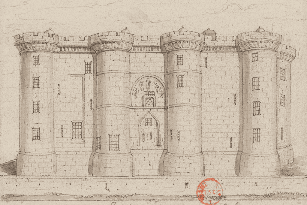 fall-of-the-bastille-symbolism Image of a sketch of the Bastille drawn around the same time the revolution was heating up.
