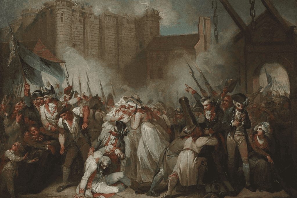 fall-of-the-bastille-weapons-and-gunpowder Image of revolutionaries storming the Bastille in their quest for weapons and gunpowder.