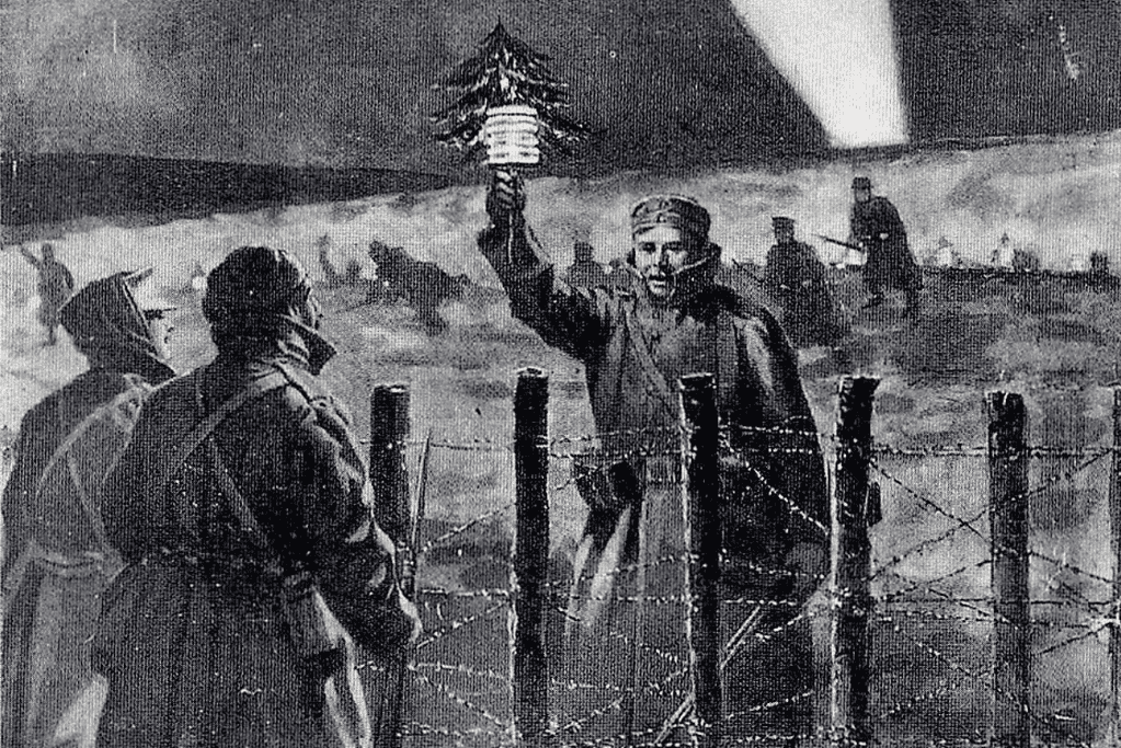 Image of an artists rendition of the World War One Christmas Truce in 1914.