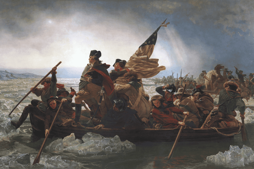 Image of an artist's rendition of Washington's famous crossing of the Delaware on Christmas night 1776.