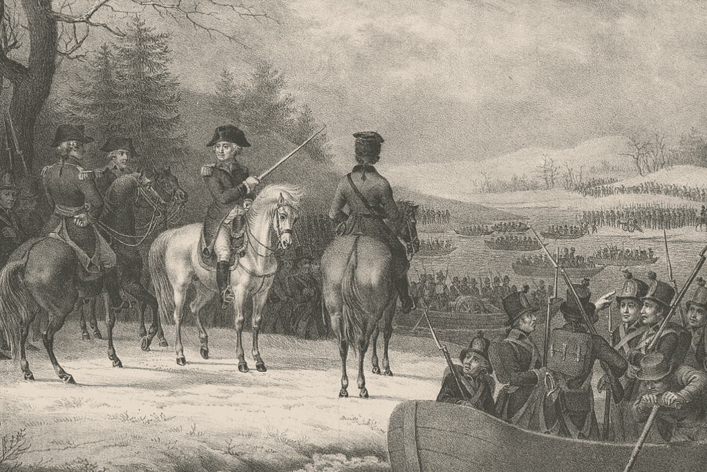 Image of an artist's rendition of Washington's troops preparing to cross the Delaware River for an article covering major historical events on Christmas Day.