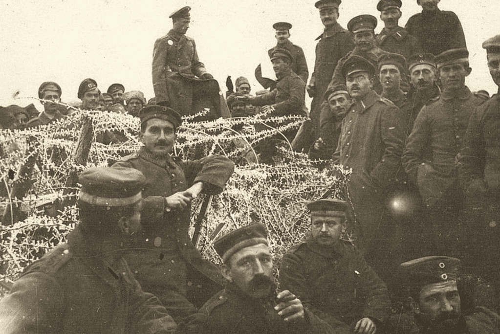Image of German soldiers resting during the World War I Christmas truce in 1914.