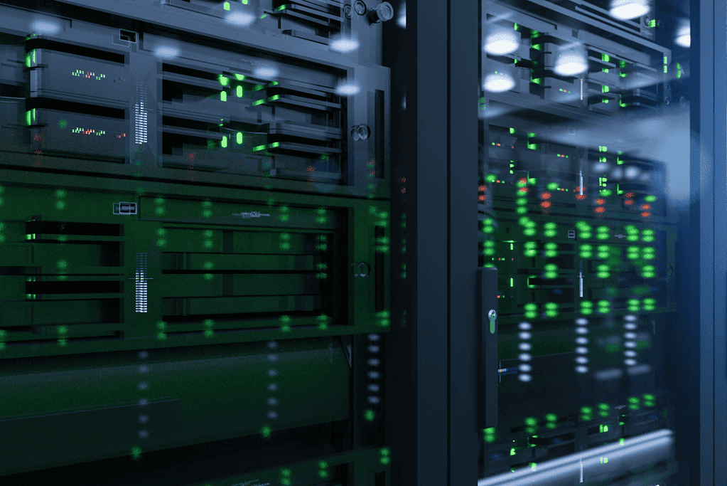 Image of computer servers like those used to store files for the internet, for an article covering significant events on Christmas day; the internet at we know if when live on Christmas Day 1990