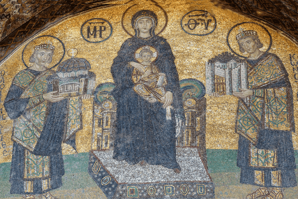 Image of Roman emperor Constantine with offerings for Mary and baby Jesus for an article covering significant historical events on Christmas.