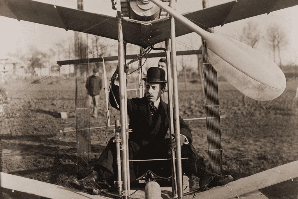 Brazilian aviation pioneer Alberto Santos-Dumont preparing for flight in early 1900s Paris