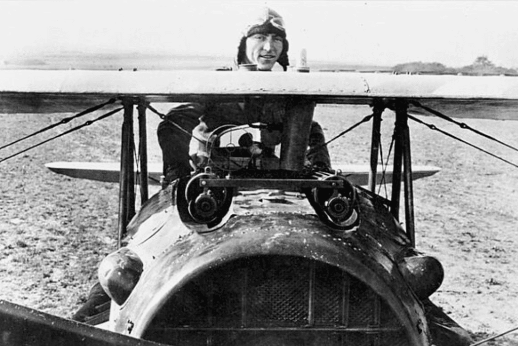 Eddie Rickenbacker in a French SPAD S.VIII fighter, America's top ace of World War I with 26 aerial victories
