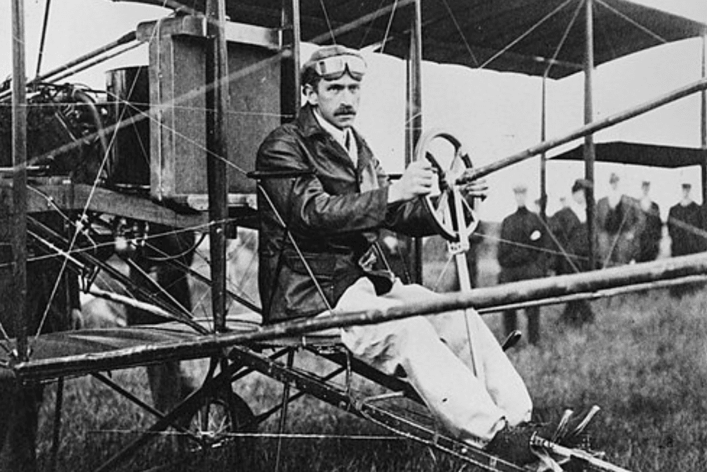 Glenn Curtiss preparing for flight in the June Bug, the aircraft that recorded the first public flight in North America