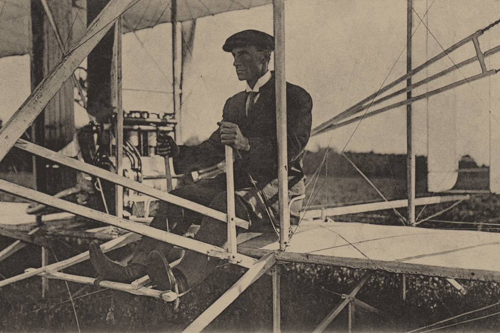 Wilbur Wright at the controls of the Wright glider, one of the most important pioneers of aviation