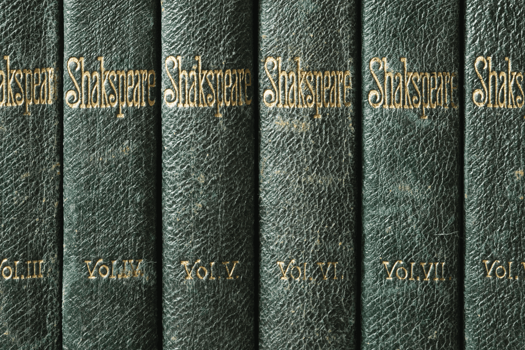Image of numerous volumes of Shakespeares works for a blog post covering intriguing facts about William Shakespeare.