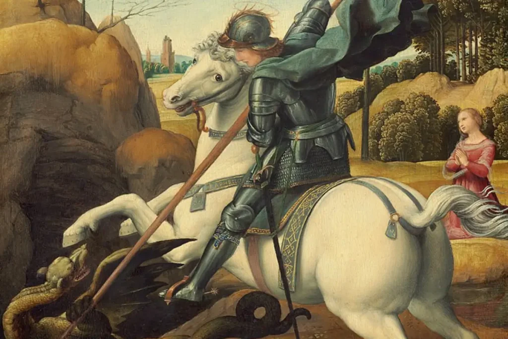 Image of a medieval era painting of Saint George battling a dragon.