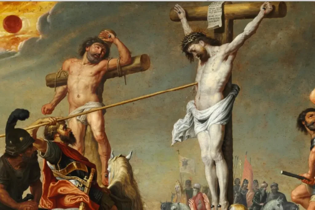 Image of a painting depicting Saint Longinus piercing Jesus' side with a spear.