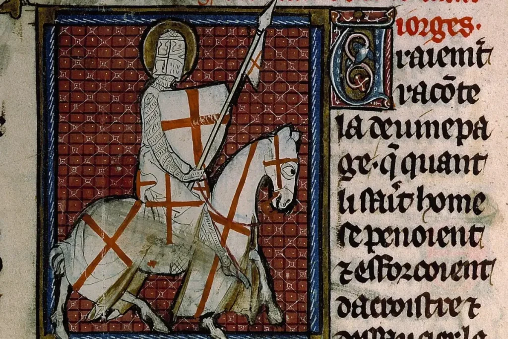 Image of a medieval era manuscript painting of Saint George on horseback.