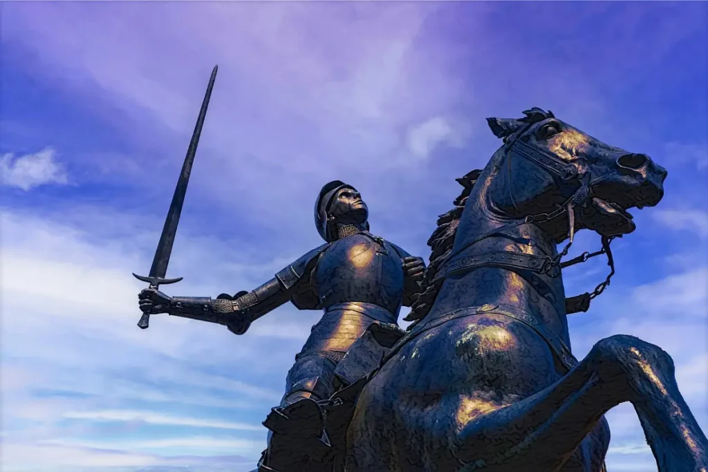 Image of French warrior saint, St Joan of Arc, on horseback.