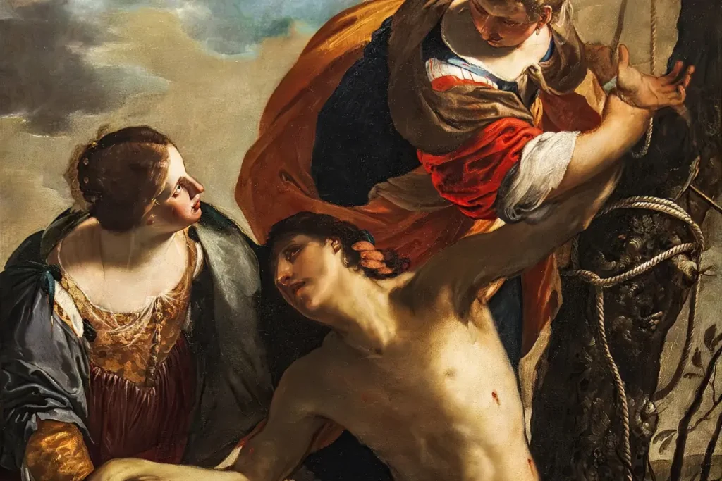 Image of a painting of two women caring for a dying Saint Sebastian.