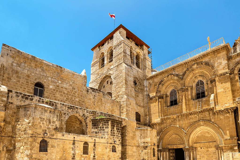Image of the exterior of the Church of the Holy Sepulchre in Jerusalem.