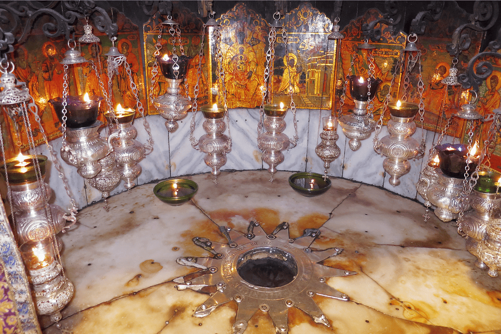 Image of the marked spot at the Church of the Nativity indicating Jesus' birthplace.