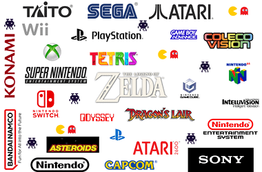 Image of a collage of video game companies, video game systems and video games for a blog post covering milestones in the evolution of video games.