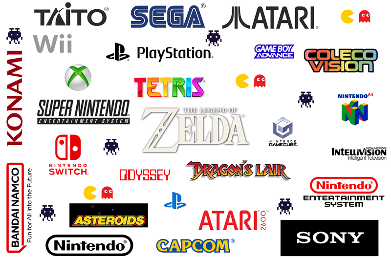 Image of a collage of video game companies, video game systems and video games for a blog post covering milestones in the evolution of video games.
