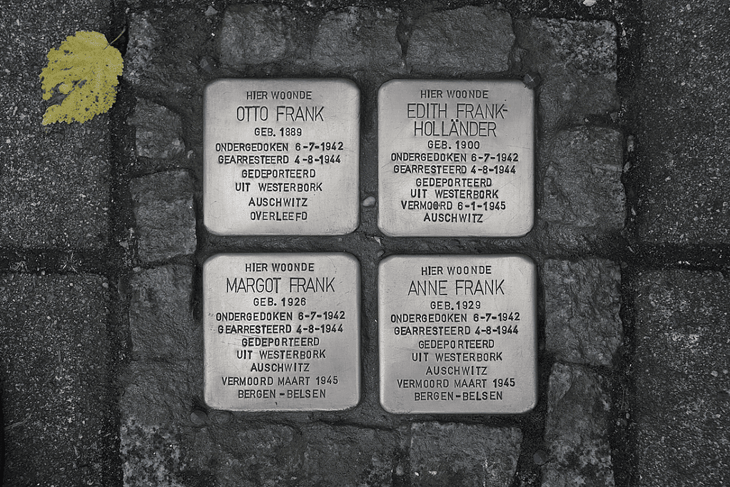 Image of markers in Amsterdam memorializing the Frank family.
