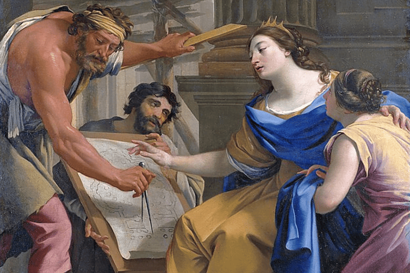 Image of an artist's rendition of Artemisia directing the construction of the mausoleum of Halicarnassus for an article covering key facts about Artemisia.