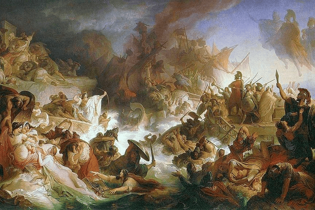 Image of an artist's rendition of Artemisia at the Battle of Salamis (in robes with the bow on the center left) for an article covering 10 key facts about Artemisia.