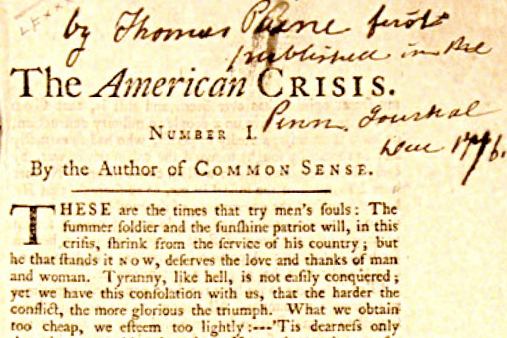 Image of Thomas Paine's pamphlet, "the American Crisis" which was read by Washington to his troops just before the crossing of the Delaware.