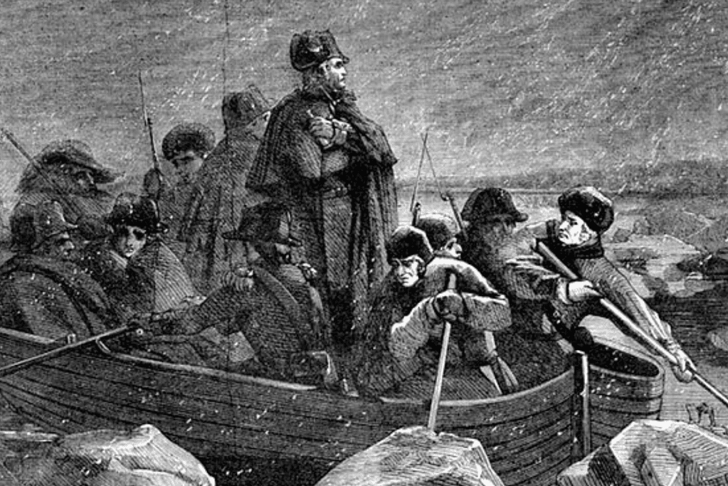Image of General Washington and his troops in a Durham boat heading to attack the British at Trenton.